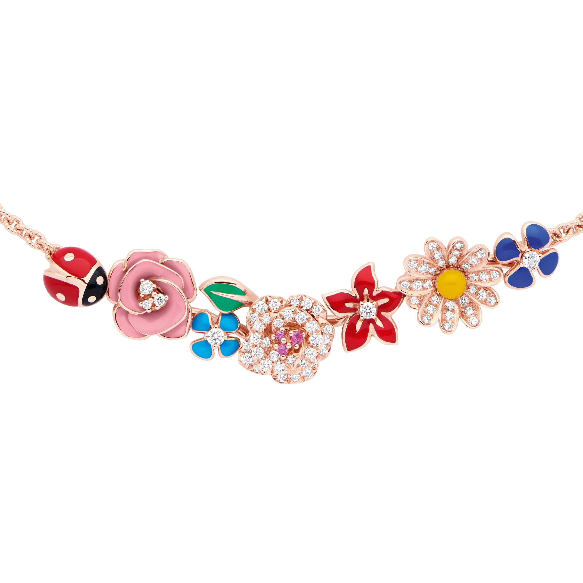 Diorette 项链 玫瑰色 18K 金、钻石、粉色蓝宝石和高级珠宝彩漆装饰 E06